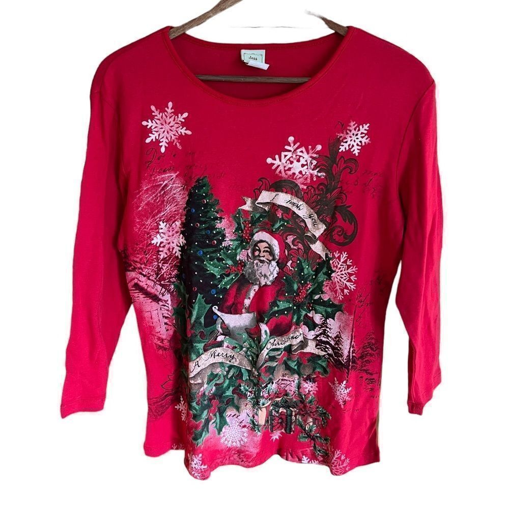 Jess &‎ Jane NWT Santa's Greeting Christmas Graphic Top Red Long Sleeve Women S